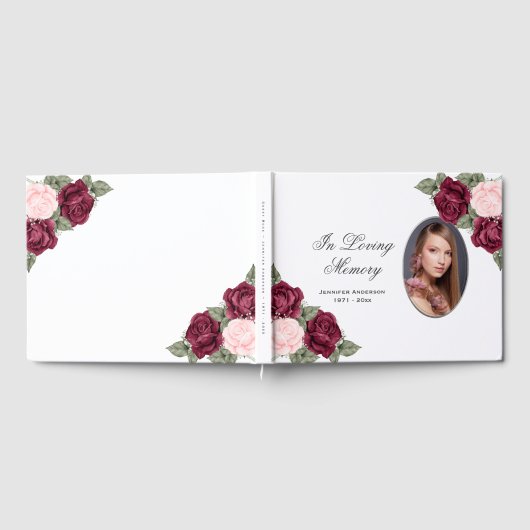 Rode roze Waterverf Floral Foto Memorial Funeral Gastenboek (Volledig)