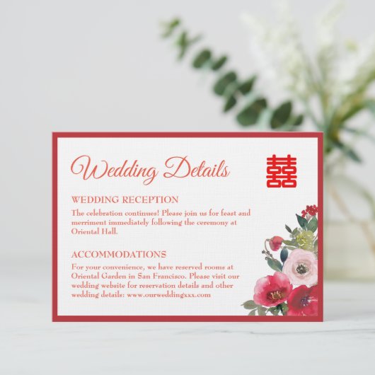 Rode roze waterverf florale Chinese trouwgegevens Informatiekaartje (Staand voorkant)