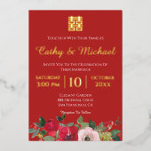 Rode roze waterverf florale moderne chinese bruilo folie uitnodiging (Voorkant)