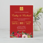 Rode roze waterverf florale moderne chinese bruilo folie uitnodiging (Staand Voorkant)