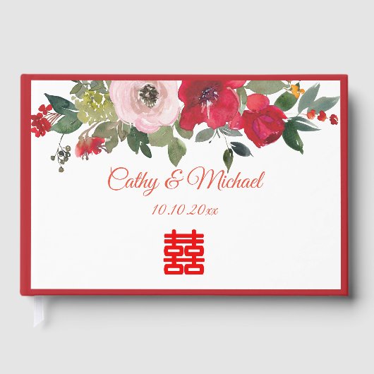 Rode roze waterverf florale moderne Chinese bruilo Gastenboek (Voorkant)