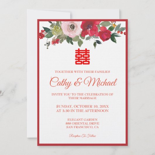 Rode roze waterverf florale moderne Chinese bruilo Kaart (Voorkant)