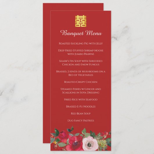 Rode roze waterverf florale moderne chinese bruilo menu (Voorkant / Achterkant)