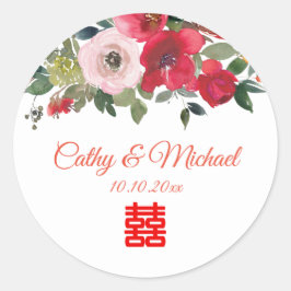Rode roze waterverf florale moderne Chinese bruilo Ronde Sticker