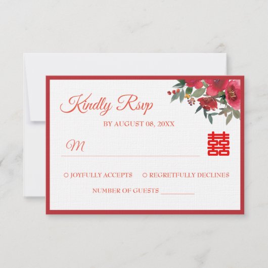 Rode roze waterverf florale moderne Chinese bruilo RSVP Kaartje (Voorkant)