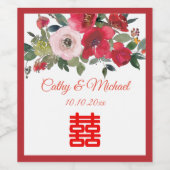 Rode roze waterverf florale moderne Chinese bruilo Wijn Etiket (Enkel label)