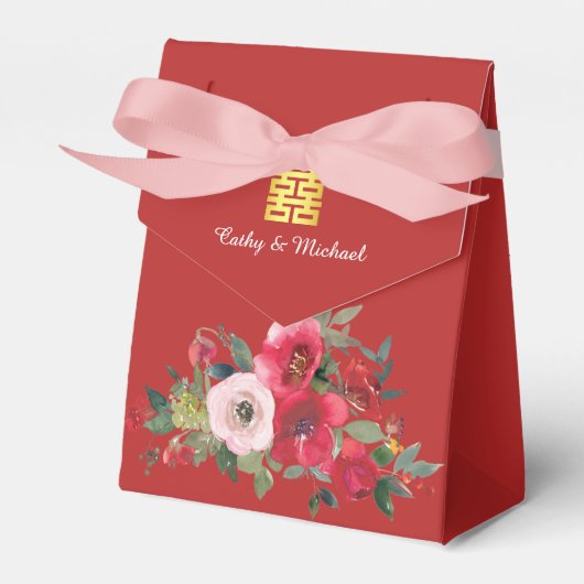 Rode roze waterverf florerend modern dubbel geluk bedankdoosjes (Voorkant Zijde)