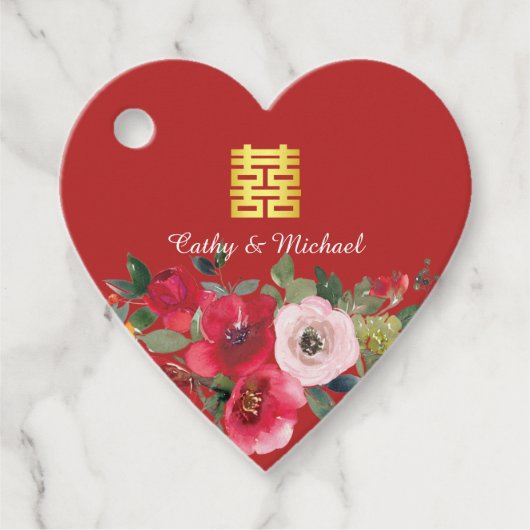 Rode roze waterverf florerend modern dubbel geluk bedankjes labels (Voorkant)