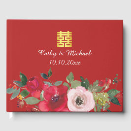 Rode roze waterverf florerend modern dubbel geluk gastenboek