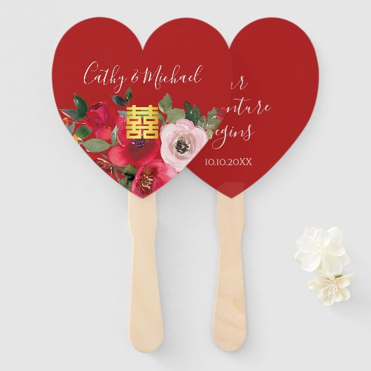 Rode roze waterverf florerend modern dubbel geluk handwaaier (Voorkant en achterkant)