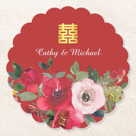 Rode roze waterverf florerend modern dubbel geluk kartonnen onderzetters (Voorkant)