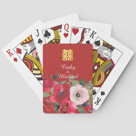 Rode roze waterverf florerend modern dubbel geluk pokerkaarten (Achterkant)