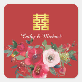 Rode roze waterverf florerend modern dubbel geluk vierkante sticker