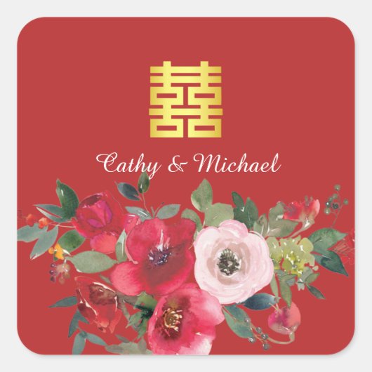 Rode roze waterverf florerend modern dubbel geluk vierkante sticker (Voorkant)