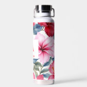 Rode Roze Waterverf Hibiscusbloemen Waterfles (Achterkant)