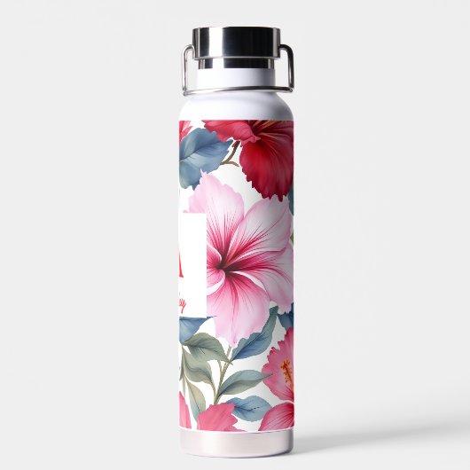 Rode Roze Waterverf Hibiscusbloemen Waterfles (Achterkant)