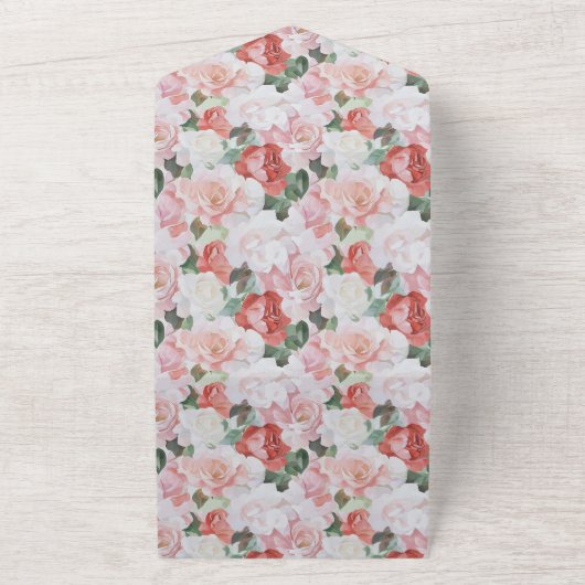 Rode Roze Witte Rozen Bloemen Huwelijk All In One Uitnodiging (Buitenkant)