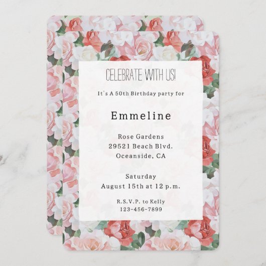 Rode Roze Witte Rozen Bloemen Verjaardag Kaart (Voorkant / Achterkant)