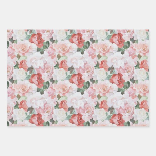 Rode Roze Witte Rozen Bloemrijke Bruids Bruiloft Inpakpapier Vel (Voorkant)