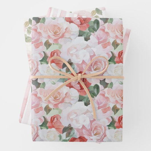 Rode Roze Witte Rozen Bloemrijke Bruidsdouche Inpakpapier Vel (In situ)