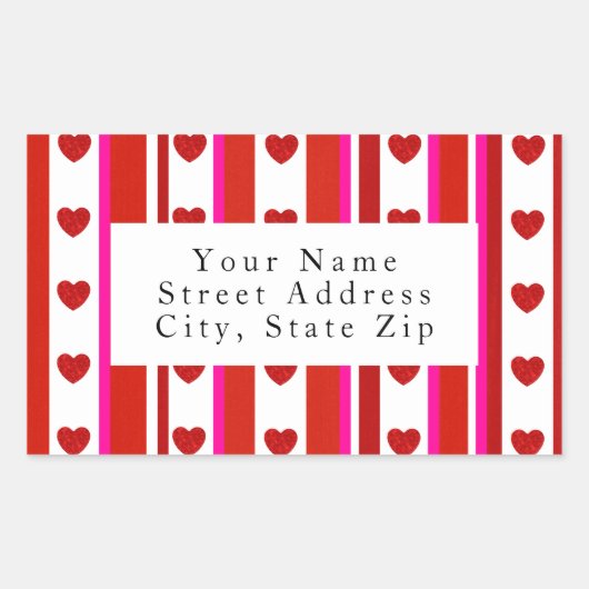 Rode roze witte strepen en hartelabels rechthoekige sticker (Voorkant)