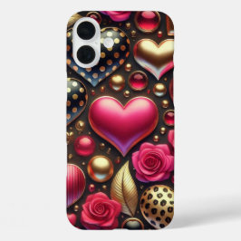 RODE ROZE ZWART GOUD VALENTIJN HARTEN iPhone 16 PLUS HOESJE