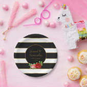 Rode roze, zwart, witte en gouden streep - papieren bordje (Feest)