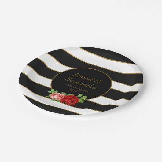 Rode roze, zwart, witte en gouden streep - papieren bordje (Gekanteld)