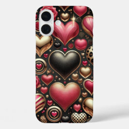 RODE ROZE ZWARTE GOUDEN VALENTIJNSHARTEN iPhone 16 PLUS HOESJE