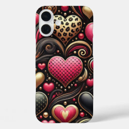 RODE ROZE ZWARTE GOUDEN VALENTIJNSHARTEN iPhone 16 PLUS HOESJE