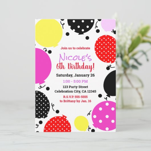 Rode Roze Zwarte Polka Dot Ballonnen Verjaardagsfe Kaart (Staand voorkant)
