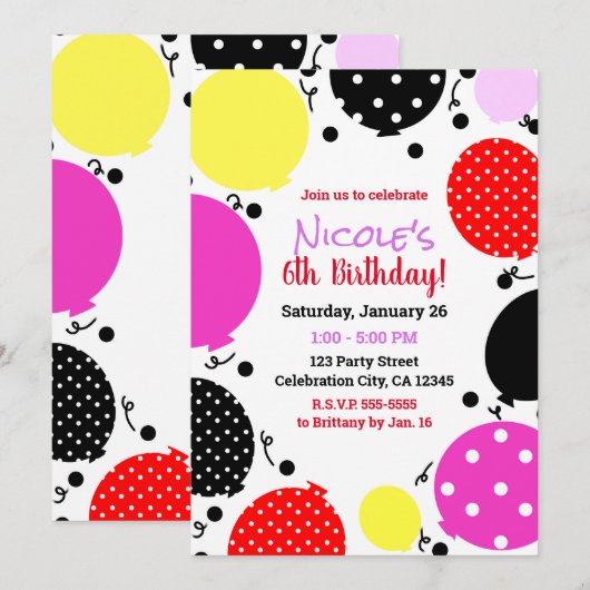 Rode Roze Zwarte Polka Dot Ballonnen Verjaardagsfe Kaart (Voorkant / Achterkant)