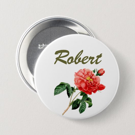  rode rozebloemen, naam pin ronde button 7,6 cm (Voorkant /achterkant)