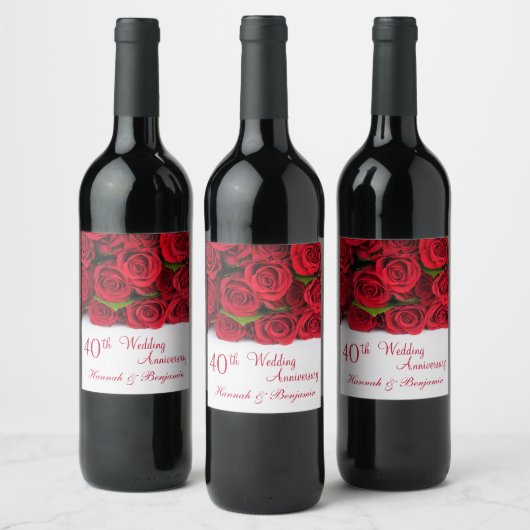 Rode rozen. 40e bruiloft Jubileum Wijn Etiket (Flessen)