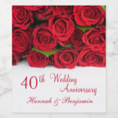 Rode rozen. 40e bruiloft Jubileum Wijn Etiket (Enkel label)