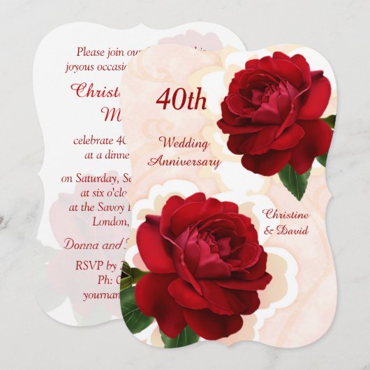 Rode rozen 40e Jubileum-uitnodiging voor ruby Wedd Kaart (Voorkant / Achterkant)