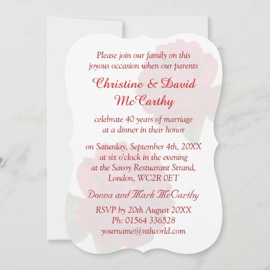 Rode rozen 40e Robijnen Huwelijksjubileum Uitnodig Kaart (Achterkant)