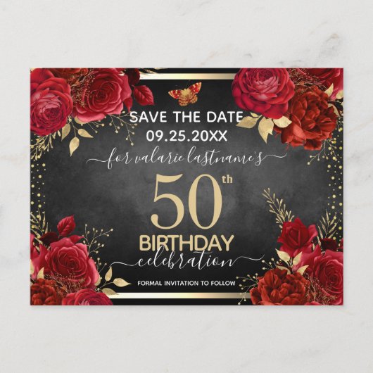 Rode Rozen 50e Verjaardag Save the Date Briefkaart (Voorkant)