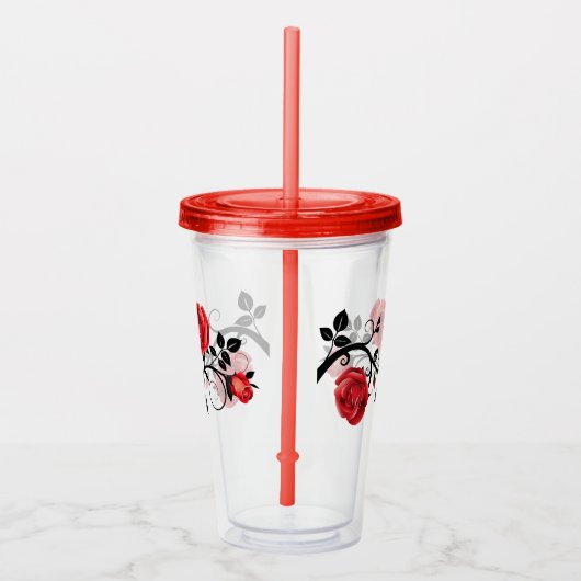 Rode Rozen Acryl Tumbler Glas met Deksel/Stro (Rechts)