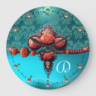RODE ROZEN, AQUA BLUE DAMASKMONOGRAM GROTE KLOK