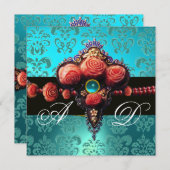 RODE ROZEN, AQUA BLUE DAMASKMONOGRAM KAART (Voorkant / Achterkant)