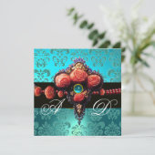 RODE ROZEN, AQUA BLUE DAMASKMONOGRAM KAART (Staand voorkant)