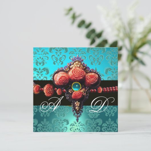 RODE ROZEN, AQUA BLUE DAMASKMONOGRAM KAART (Staand voorkant)