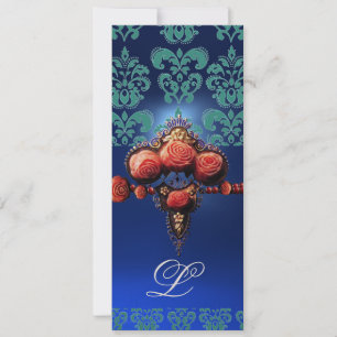 RODE ROZEN, AQUA BLUE DAMASKMONOGRAM KAART