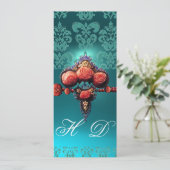 RODE ROZEN, AQUA BLUE DAMASKMONOGRAM KAART (Staand voorkant)