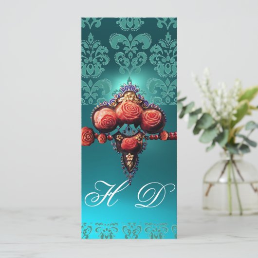 RODE ROZEN, AQUA BLUE DAMASKMONOGRAM KAART (Staand voorkant)