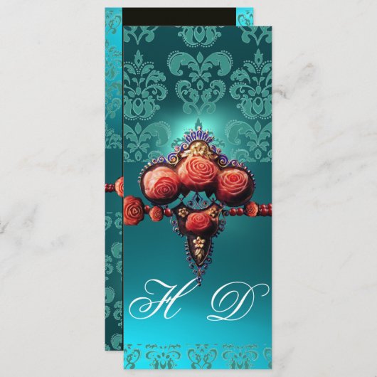 RODE ROZEN, AQUA BLUE DAMASKMONOGRAM KAART (Voorkant / Achterkant)