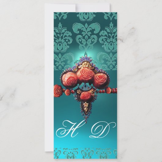 RODE ROZEN, AQUA BLUE DAMASKMONOGRAM KAART (Voorkant)