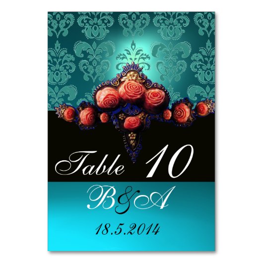 RODE ROZEN, AQUA BLUE DAMASKMONOGRAM KAART (Achterkant)