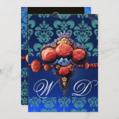 RODE ROZEN, AQUA BLUE DAMASKMONOGRAM KAART (Voorkant / Achterkant)